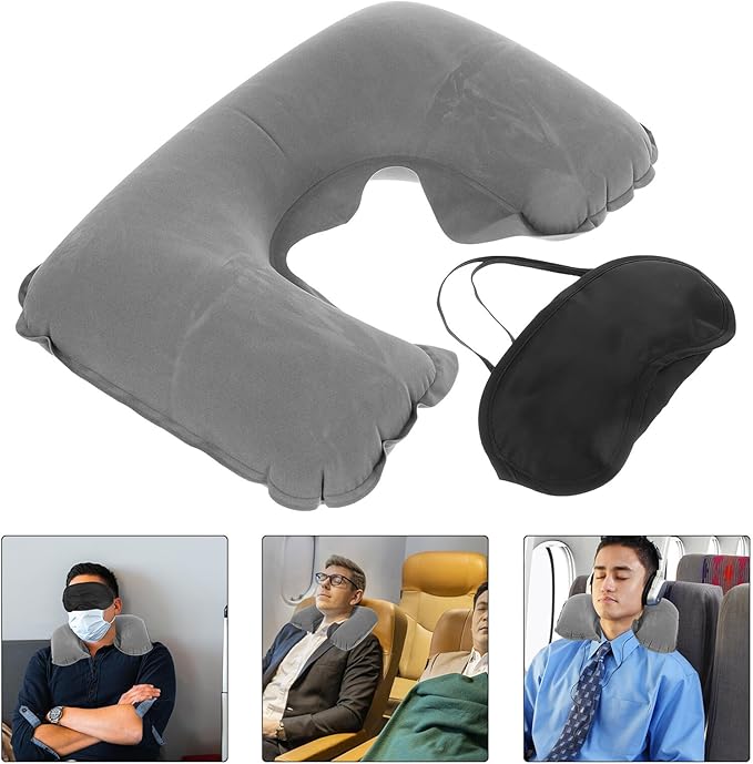 SUPVOX Inflatable Travel Neck Pillow U-Shaped with Blackout Eye Mask and Set, Lightweight Airplane Pillow for Flight Comfort and Sleep, Portable Gray Travel Accessory Kit