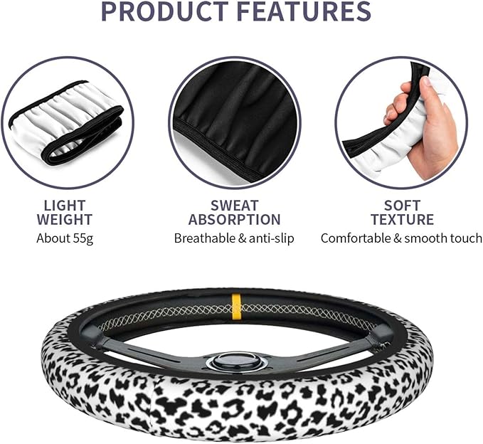 Gray Leopard Print Steering Wheel Cover Cheetah Animal Print Steering Wheel Cover Anti-Slip Breathable Universal for 15 Inch Car with 2 Pieces Car Coasters Suitable for Men Women