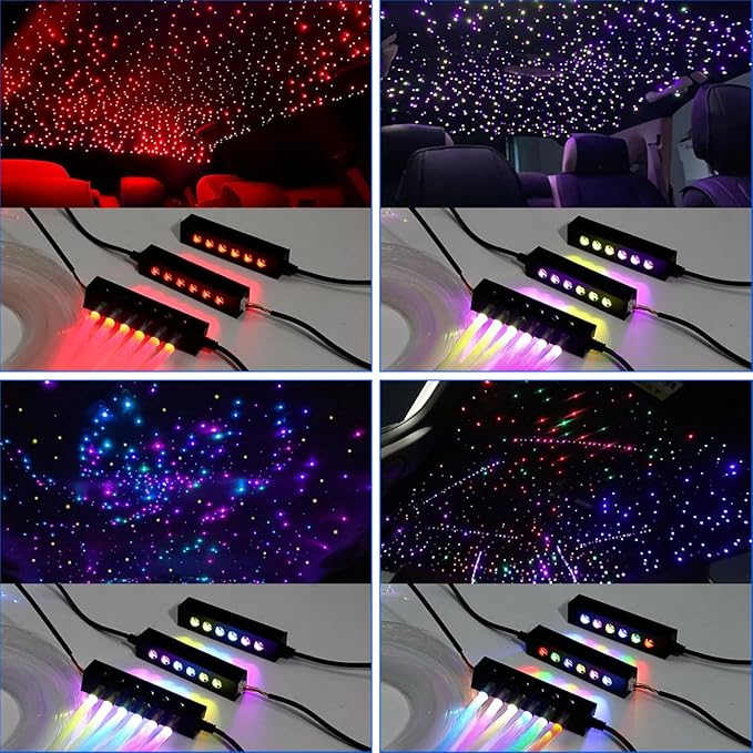 AKEPO 3.2W 6-Hole RGB Headliner Starlight Kit, APP Control Colorful Color Chasing 9.8ft 1080pcs*0.75mm/0.03in Optical Fiber Sound Activated Fiber Optic Lights for Car and Home