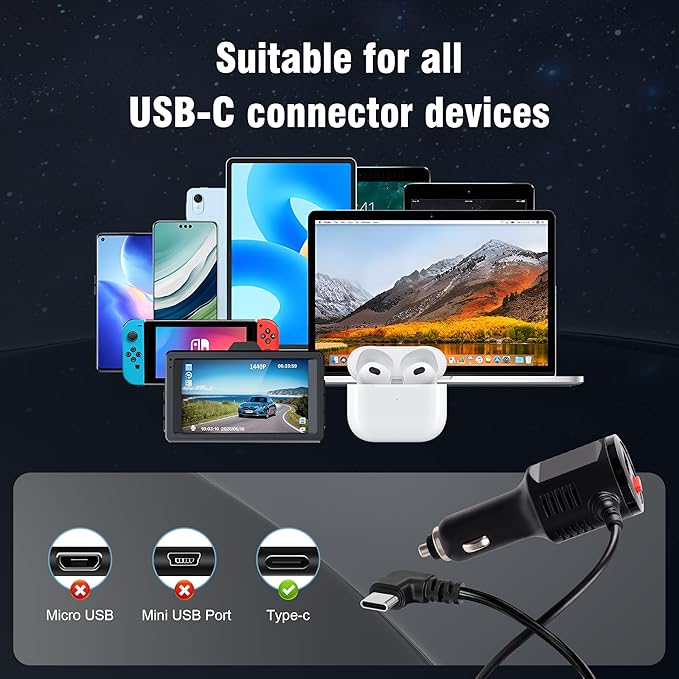 Dash Cam Charger USB C, Dual Port Dashcam Power Adapter with Switch Type C 90 Degree Angled Car Fast Charging Cord for REDTIGER/Vantrue/Garmin GPS Navigator Truck(11.5FT)