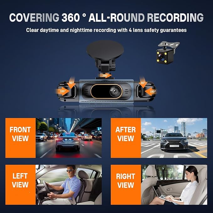 Car Camera Dash Cam Front and Rear Left Right, 4-Channel Video Recording WiFi Dashcam with Phone APP 360 Degree Car Security, HD 2K Car Dashboard Night Vision 24 Hours Parking Monitor G-Sensor