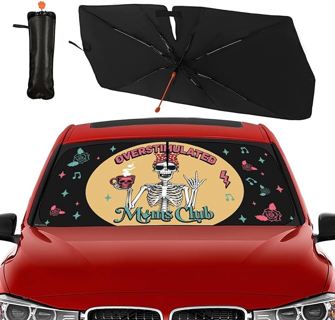 Socira Moms Funny Club Skull Car Windshield Sunshade for Mother Umbrella Foldable Visor Umbrella Cool Sun Shade Cover Sunshade Front Window Cover Car Accessories Mother's Birthday Gifts (57" X 30")