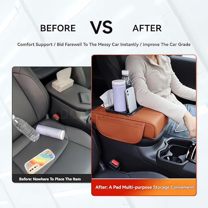 Multifunctional PU Leather Car Armrest Box Mat, 5-in-1 Multifunctional Car Armrest Cushion, Center Console Cover with 2 Cup Holder, For Storing Tissues,Phones,Wallets,Drinks,for Most Cars (Black-A)