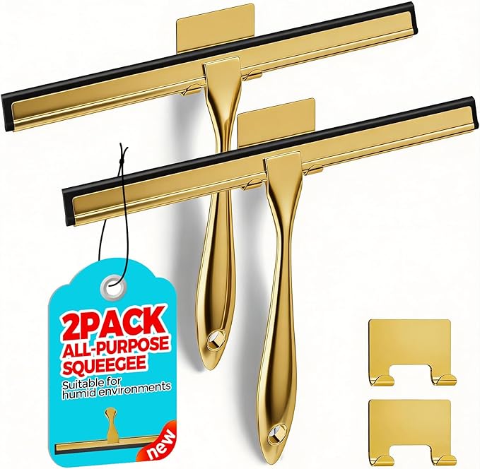 ALFLOD 2PACK 12-Inch Golden All-Purpose Shower Squeegee for Shower Doors, Bath Linen Sets, Tile Shower Walls, Bathroom, Window, Glass and Car Windshield, Mirrors and Kitchen-Stainless Steel