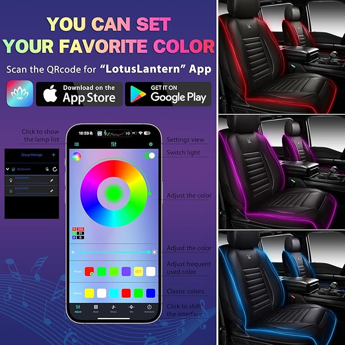 CAR PASS LED Lights Nappa Leather Car Seat Covers Front Seats, Waterproof Seat Cover for Cars Variable RGB Lights with DIY Music Sync Mode, All Weather Universal Fit Trucks SUV Automotive Pick-up