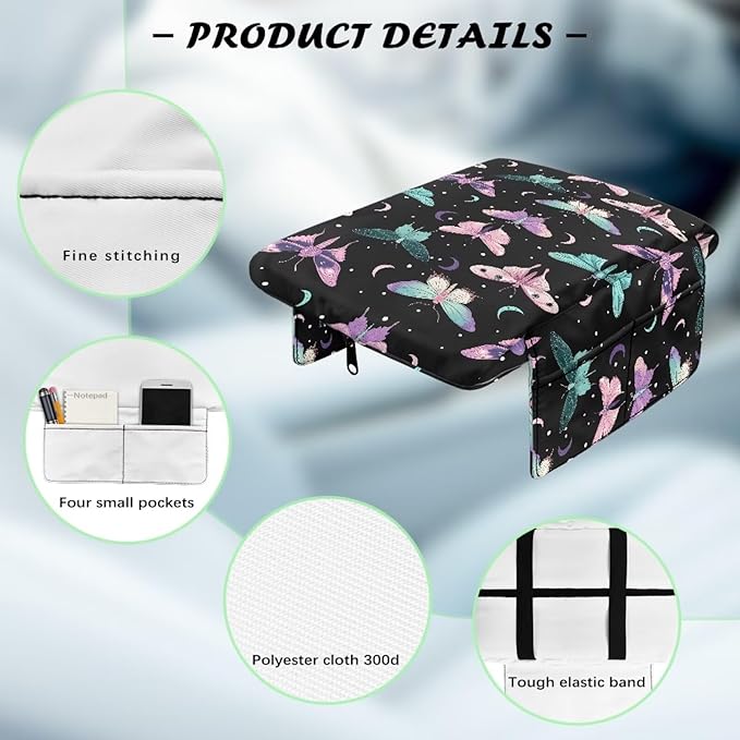 Car Center Console Pad with Pockets, Butterfly Mooon Print Car Armrest Seat Box Cushion, Car Interior Accessories, Auto Armrest Cover Protector for Most Vehicle, SUV, Truck
