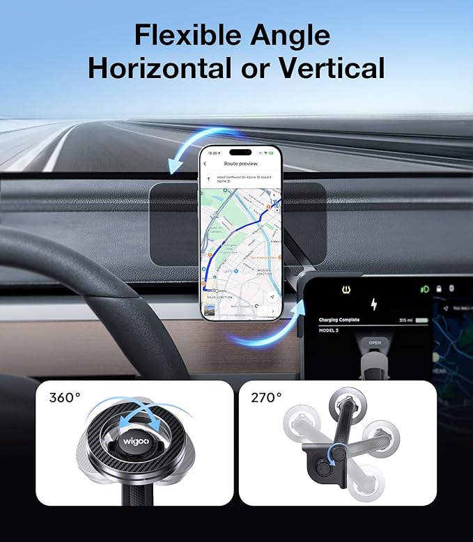 Wigoo Magnetic Phone Mount for Tesla Model 3/Y/S/X Accessories, 【Strongest Magnet & No Blocking View】 Screen Side Magnetic Holder for Magsafe iPhone 17-12 & Android - Clamp (No Glue)