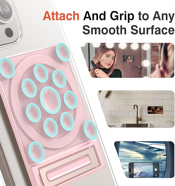 SEMBO Silicone Suction Phone Case Adhesive Sticky Grip Stand with Mag-Back for MagSafe Car/Wall Mounts, Strong Magnetic Holder for Fridge, Gym Equipment, Shower, Hands-Free Selfie (Pink, Adhesive)