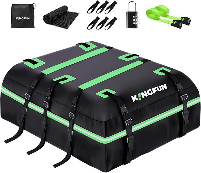 Car Rooftop Cargo Carrier Bag, Waterproof 21 Cubic Feet Car Roof Luggage Carrier for All Vechicles with/Without Racks, Includes Anti-Slip Mat, 8 Reinforced Straps, 6 Door Hooks, Luggage Locks (Green)