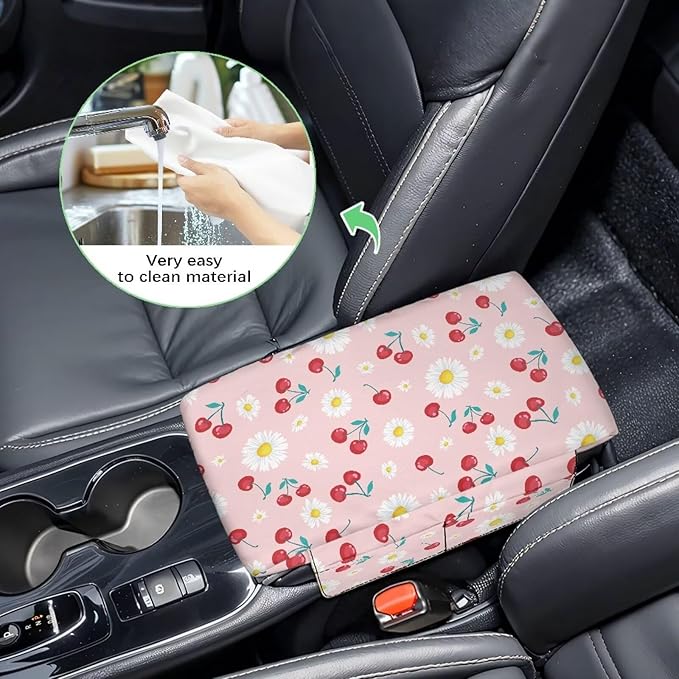 Dreaweet Car Console Covers with Pockets Pink Arm Rest Cover for Car Women Thick Car Armrest Cushion Pad Cute White Daisy Cherry Print Car Accessories for Women