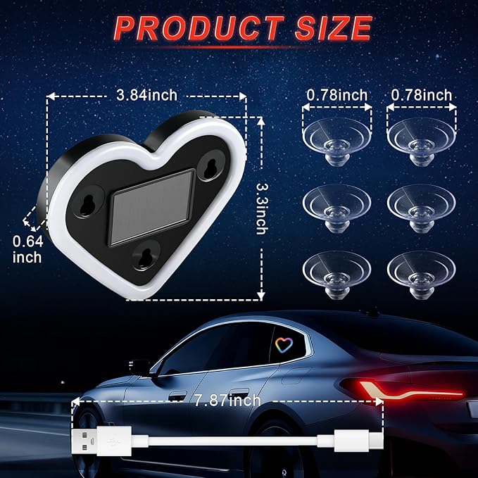 iFunyLED Car LED Interior Lights, Heart-Shaped Ambient Light for Windows, 8 Lighting Modes, Charging Through Type-c and Solar Energy, Car Decorations for Women Men, Pack of 2, (Multicolor)