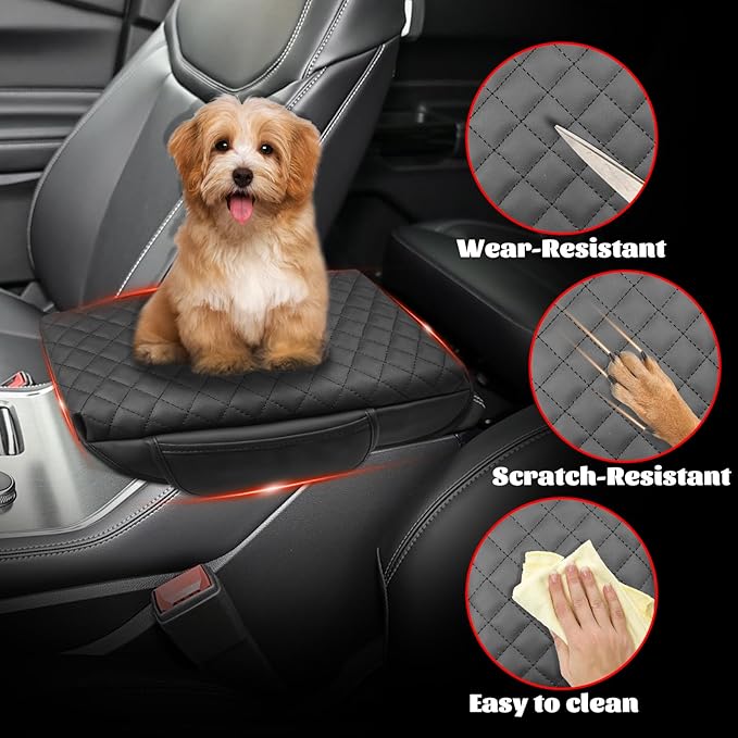 Center Console Armrest Cover Compatible with Ford Explorer 2020-2024 Leather Arm Rest Lid Protector Cushion Pad with Side Pockets Interior Accessories Prevent Scratching Black