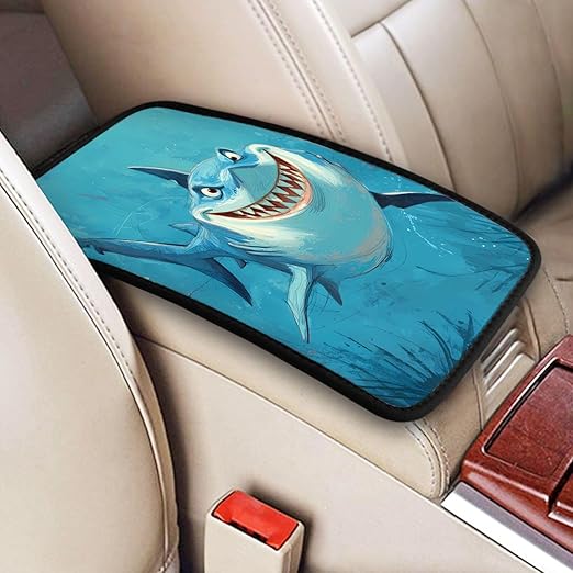 Shark Blue Cartoon Car Auto Armrest Cushion Cover Accessories Center Console Seat Box Pad Protector Universal Decoration for Most Vehicle SUV Truck
