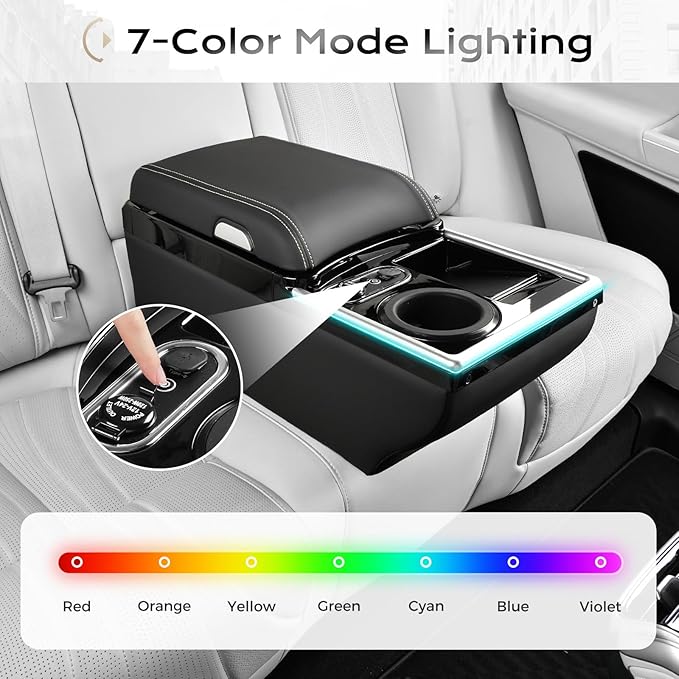 Coverado Center Console, Universal Bench Seat Center Console with Wireless Charging & Cup Holder & 7 Light Modes, Truck Back Seat Car Organizer, Rear Central Car Armrest Box with Storage, Black