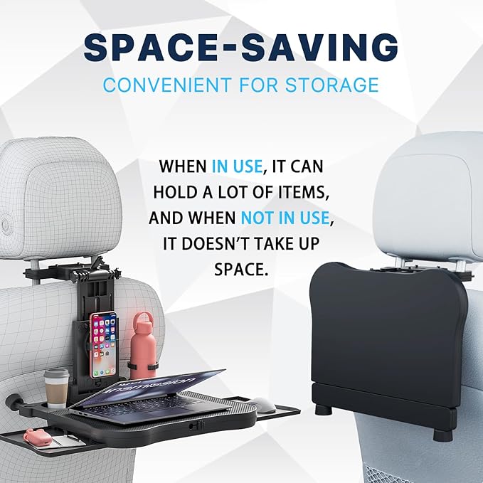 Car Back Seat Tray Table, Stable Foldable Auto Backseat Food Trays Desk for Rear Passenger Road Trip Eating & Work, Multifunctional Adjustable Travel Tray with Phone Drink Holder for Laptop iPad