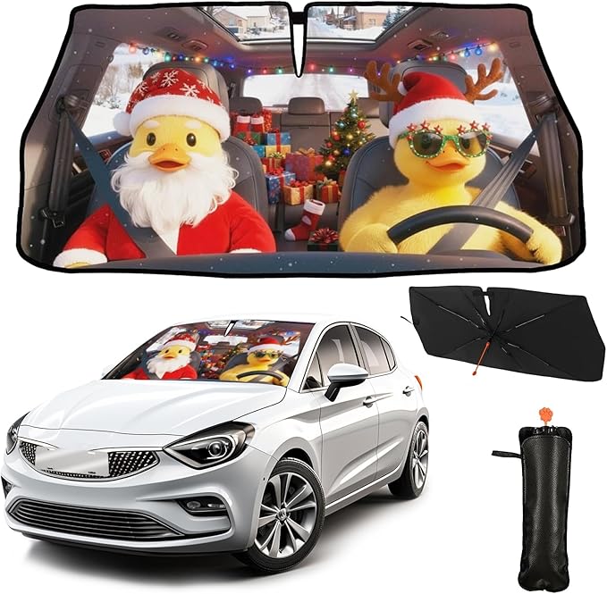 CHILL·TEK Funny Animal Car Windshield Sun Shade Umbrella, Christmas Duck Car Sun Shade Umbrella, Block UV Rays Heat Foldable Windshield Umbrella Sun Visor Protector - Keep Vehicle Cool for Cars SUV