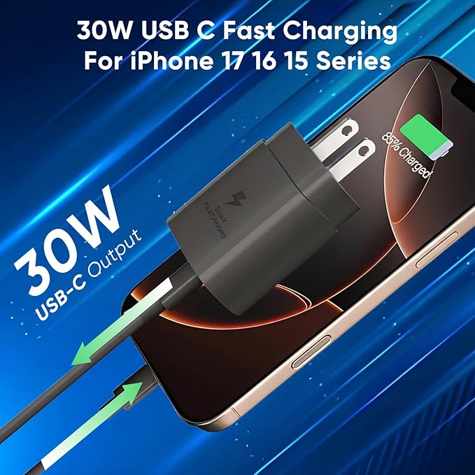 iPhone 16 15 Charger Fast Charging, 30W USB C Charger Block 10FT Cable for iPhone 15 16 Plus Pro Max/iPad Pro/AirPods, PD USBC Power Adapter Wall Plug with Extra Long Type C to C Cord (Black, 10FT)