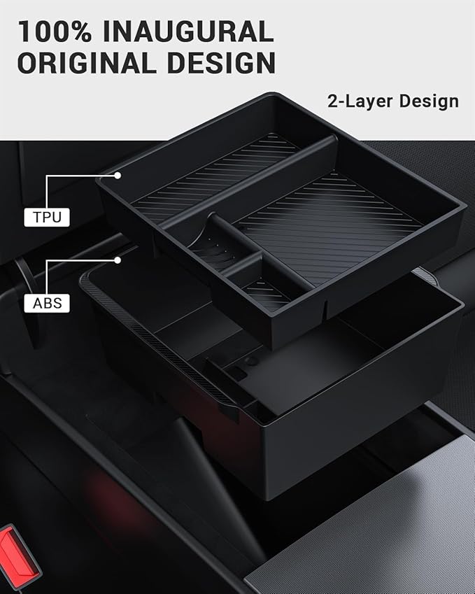 BASENOR 2026 Tesla Model Y Model 3 Armrest Storage Box, Center Console Organizer (Carbon Edition) for Tesla 3 Highland 2024 2025 2026 Model Y 2025 2026 Juniper (Standard/Premium/Performance)