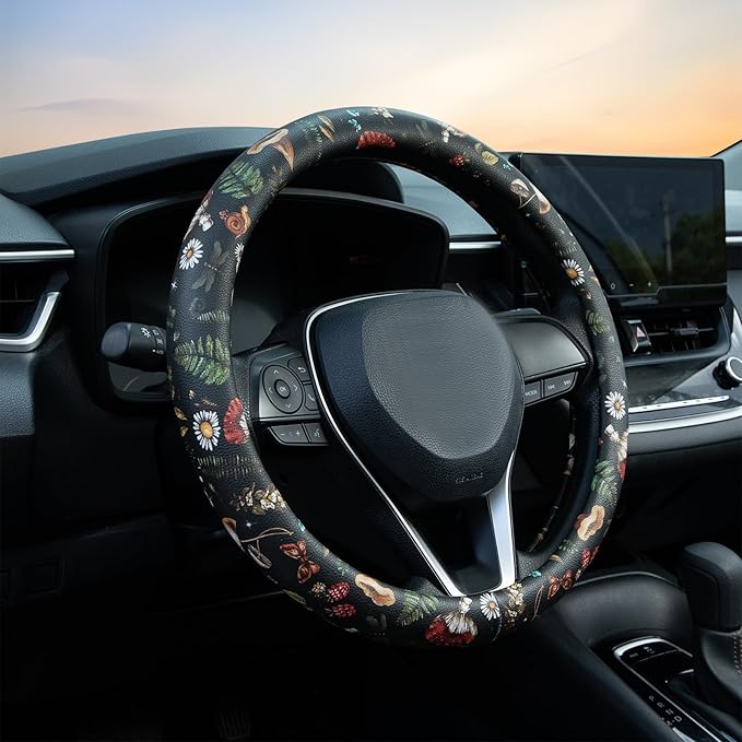 Mushroom Steering Wheel Cover Auto Leather Steering Wheel Protector, Anti-Slip, Breathable, Absorbing Sweat, Universal Mushroom Car Accessories 14.5–15 inch,Fit for Most Car, Trucks, SUV