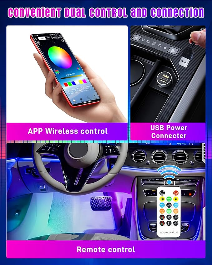 STONEBANKS 5.7FT LED Interior Light for Car, 48LEDs RGB USB Under Dash Lighting, Footwell Neon Internal Lights Kit, Smart APP and Remote Dual Control, Multicolor Music and Mic Mode