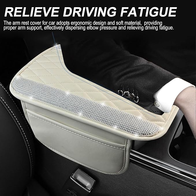 NBTEPEM Bling White Car Center Console Cover, Leather Car Arm Rest Cover with 2 Storage Bags, Universal Auto Armrest Protector Storage Box, Bling Accessories Interior for Most Vehicles