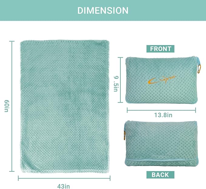 Compact Travel Blanket for Airplane, Premium Soft 2-in-1 Blanket with Pillowcase and Carry Bag, Lightweight Travel Essentials with Luggage Sleeve and Backpack Clip, Mint Green