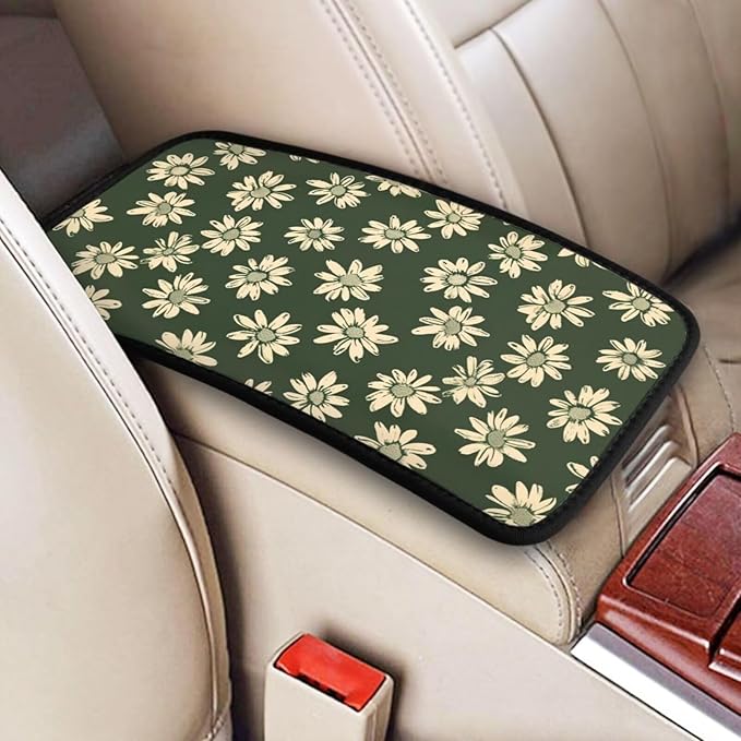 Center Console Cover Sage Green Daisy Middle Console Armrest Lid Hippie Floral Flower Arm Rest Pad Protective Cover for Vehicle SUV Truck Sedans
