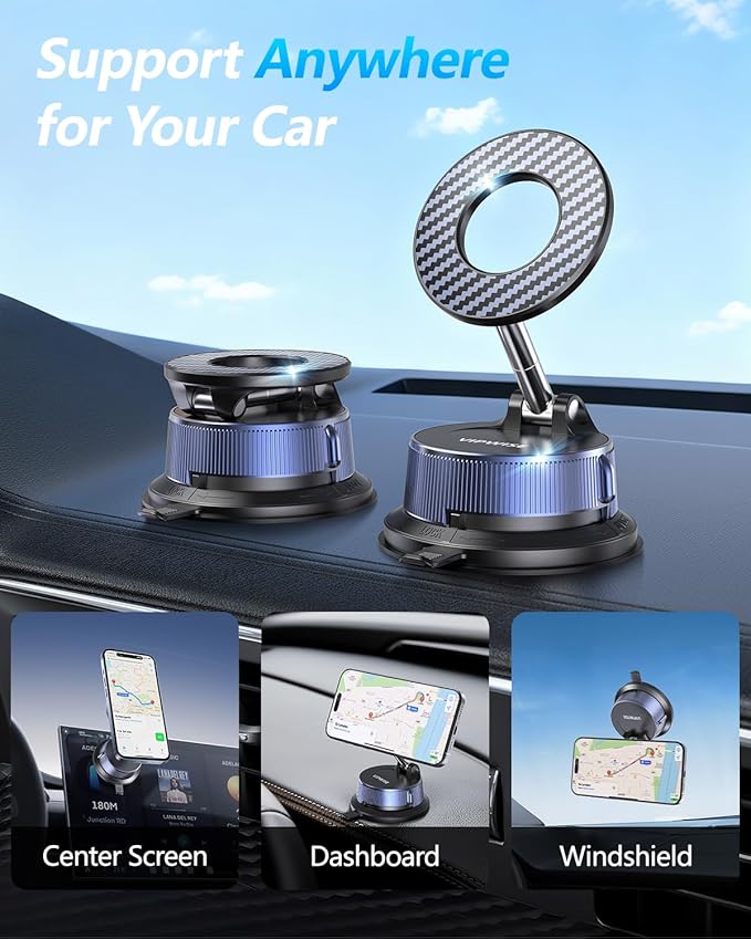 VIPWISE Magnetic Phone Holders for Your Car [89+LBS Suction & 3200gf Magnetic] 360° Adjustable Magsafe Car Phone Mount, Vacuum Suction Cup Car Mount for iPhone 17 Pro Max 16 15 14 13 12 Air Plus