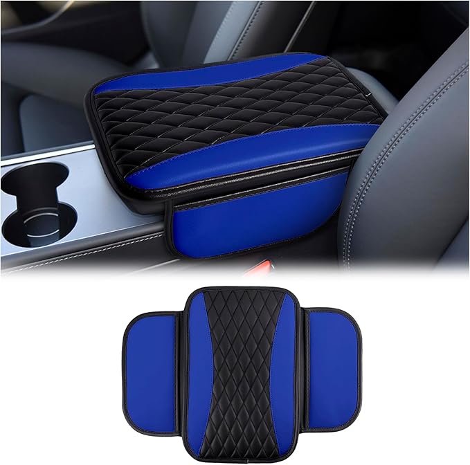 Leather Car Center Console Cover,Upgraded Center Console Cushion Pad with Side Pockets,Patchwork Arm Rest Cover for Car,Waterproof Armrest Seat Box Covers,Universal for Most Vehicles (Blue)
