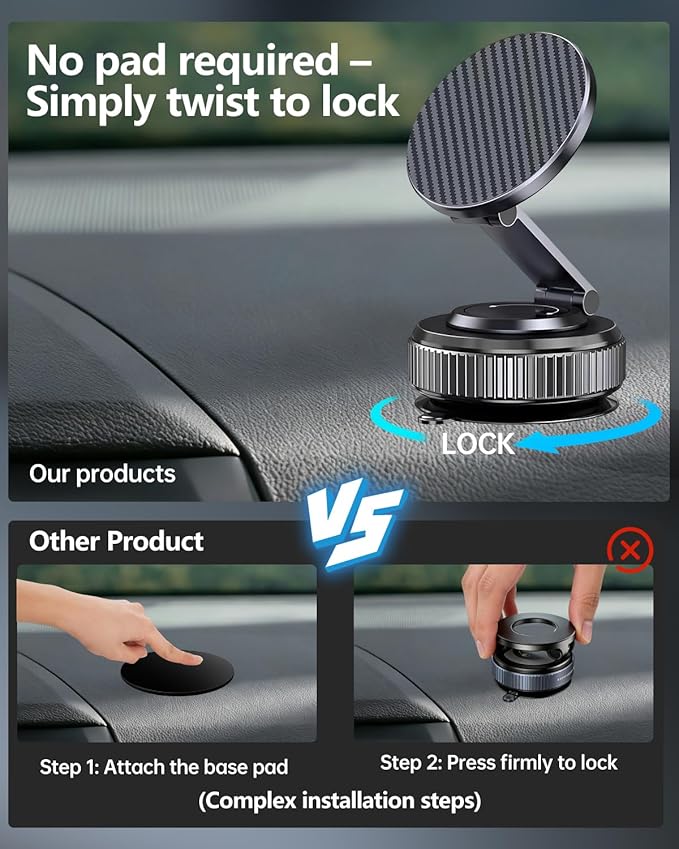 Car Phone Holder for MagSafe - Magnetic Vacuum Mount 360° Adjustable, Compatible with iPhone 17-12 Series & Android Devices, Cell Phone Holder for Your Car Dashboard Windshield with Magnetic Ring