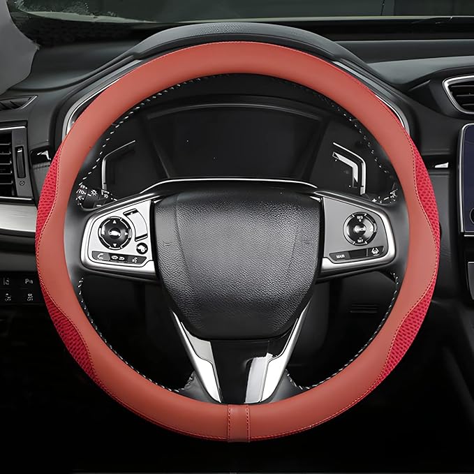 Car Steering Wheel Cover, Microfiber Breathable Ice Silk Leather Steering Wheel Cover Soft Anti-Slip Safety, 15inch Four Season Universal Fits for Most Truck,SUV,Cars (Red)