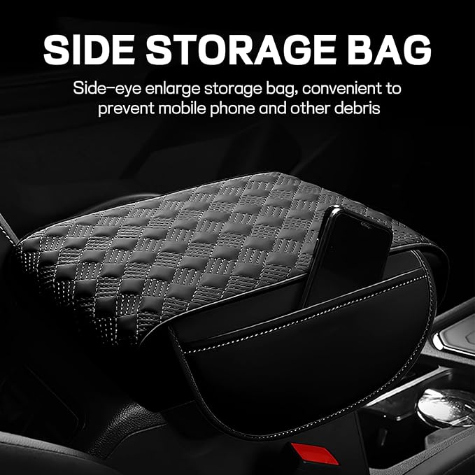 Car Armrest Cushion, 12.2"×8.3" Leather Auto Memory Foam Center Console Pad with Storage Pocket, Waterproof & Anti-Scratch Elbow Pillow Armrest Seat Box Protector, Universal Fit (Black)