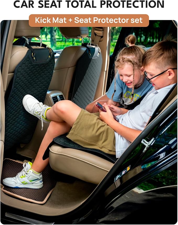 Owleys Set Seat Back Organizer & Car Seat Protector Hexy Waterproof & Non-Slip Protector for Child Car Cushion for Leather and Fabric Seats (Black Set 2)