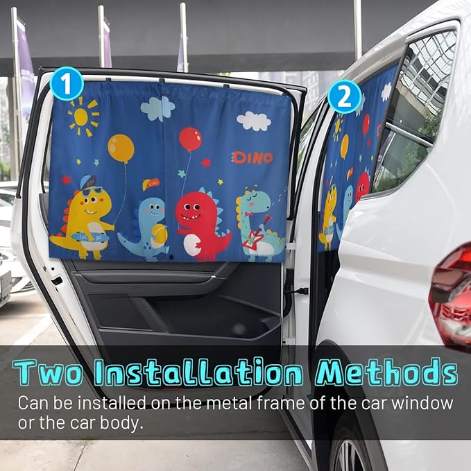 Car Window Shades, 2 PCS Magnetic Double Layer Sun Shade, Side Windows Privacy, Full Covers/Half Shade Options, Cute Dinosaurs, Compatible with Car, SUV, Minivan