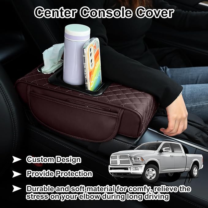 Car Armrest Cushion,5-in-1 Center Console Cover with 2 Storage Bags Cup Holder, Tissue Box Slot, Phone Slot for Sedans, Car Accessories Interior Organizers -Brown