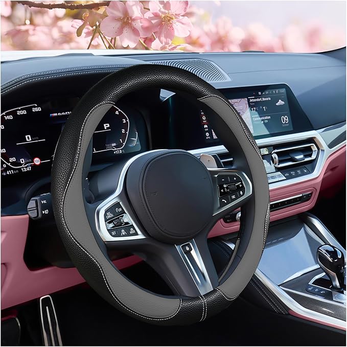 SuperKaKa Gray and Black Car Steering Wheel Cover 2025, Universal Auto PU Cute Breathable Slip-Proof Comfort Imitation Leather Protector Cars Interior Accessories for Women Men Fit Most Vehicle