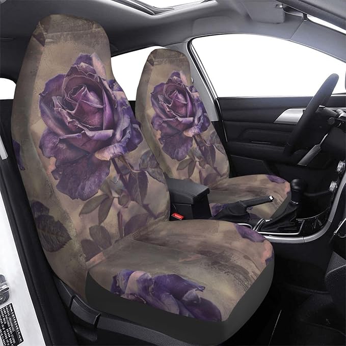 Delerain Car Seat Covers Set 2Pcs, Purple Rose Vintage Universal Front Car Seats Vehicle Enterior Protector Suitable Fits Most Car Auto SUV Sedan Truck