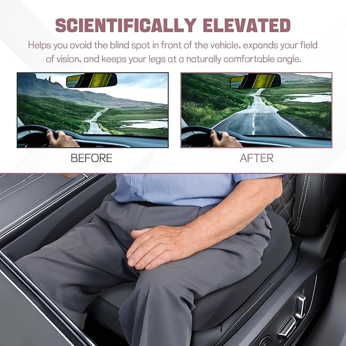 Hovom Car Seat Cushion, Wedge Memory Foam Car Cushion for Driving Seats, Non-Slip Adult Booster Seat Cushions Pad for Driver, Raise Height to Improve Driving Vision & Tailbone Pain Relief (Gray)