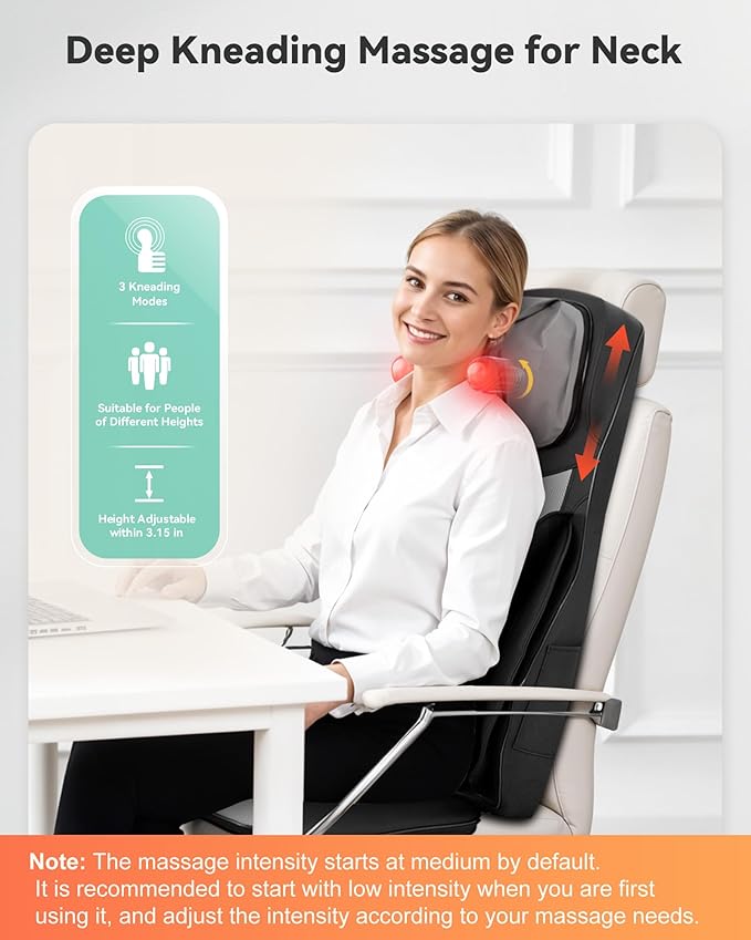 Snailax Shiatsu Neck and Back Massager with Heat, Adjustable-Height Neck Massager Rollers Massage Chiar Pad with Vibration, Chair Seat Massager for Home, Office, Gifts for Men, Women