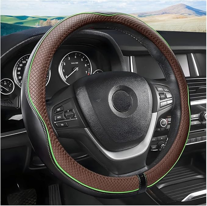Leather Steering Wheel Cover, Soft Breathable Anti-Slip Protector for Car, Truck, SUV - Universal Fit 15 Inch for Women and Men (Black/Coffee)