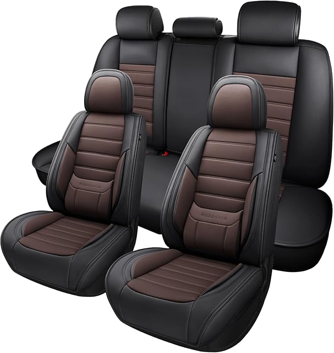 Car Seat Covers Full Set, Brown Car Seat Cover Lumbar Support, Car Seat Protector Waterproof, Nappa Leather Car Seat Cushion, Front Seats and Back Fit for Most Cars