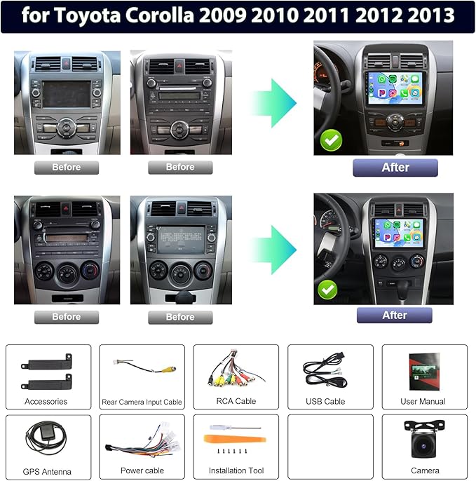 8Core 8G+128G for Toyota Corolla 2009-2013 Android 15 Car Stereo Carplay Android Auto, Rimoody 9 Inch QLED capacitive Screen with Bluetooth 5.0 FM/AM/RDS DSP-36 GPS WiFi Mirror Link Backup Camera