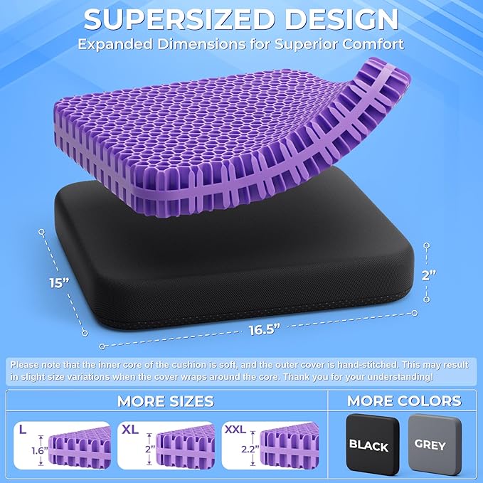 TushGuard Gel Seat Cushion for Long Sitting, Enlarged & Thickened Patent Design, Breathable Cooling for Office Chair, Soft Car Seat Cushion for Wheelchair (2" Thick, Black)