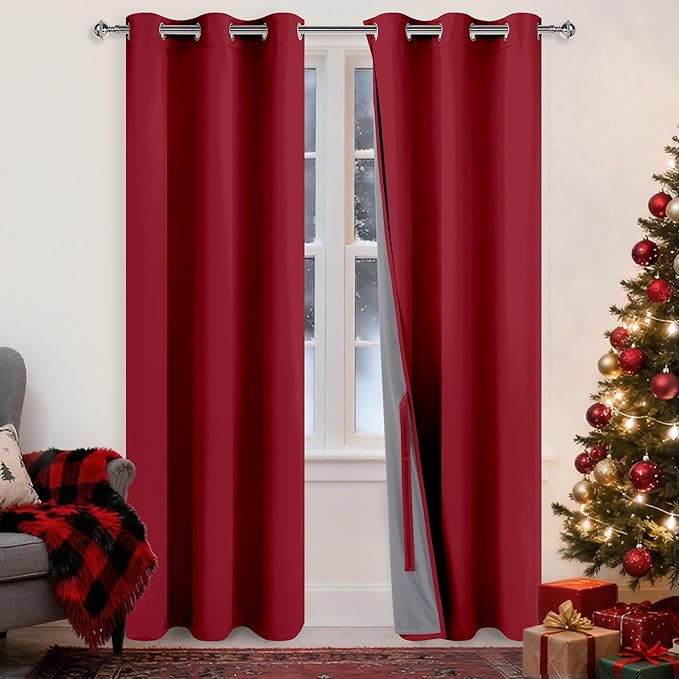 XWZO 100% Blackout Window Curtains - Thermal Insulated & Noise Reduction Black Liner Window Treatment Sewn with Tiebacks for Bedroom/Living Room, Christmas Red, W38 x L84, Set of 2 Panels