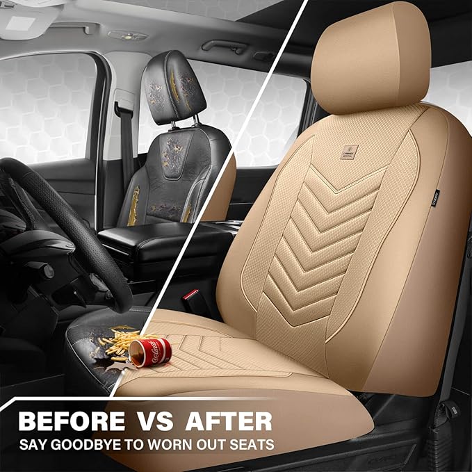 CAR PASS 3D Foam Mesh Leather Car Seat Covers Front Seats, Tan Breathable Front Seat Cover for Cars, Comfortable Universal Fit for SUV Truck Sedan Automotive Anti-Slip Airbag Compatible, All Beige