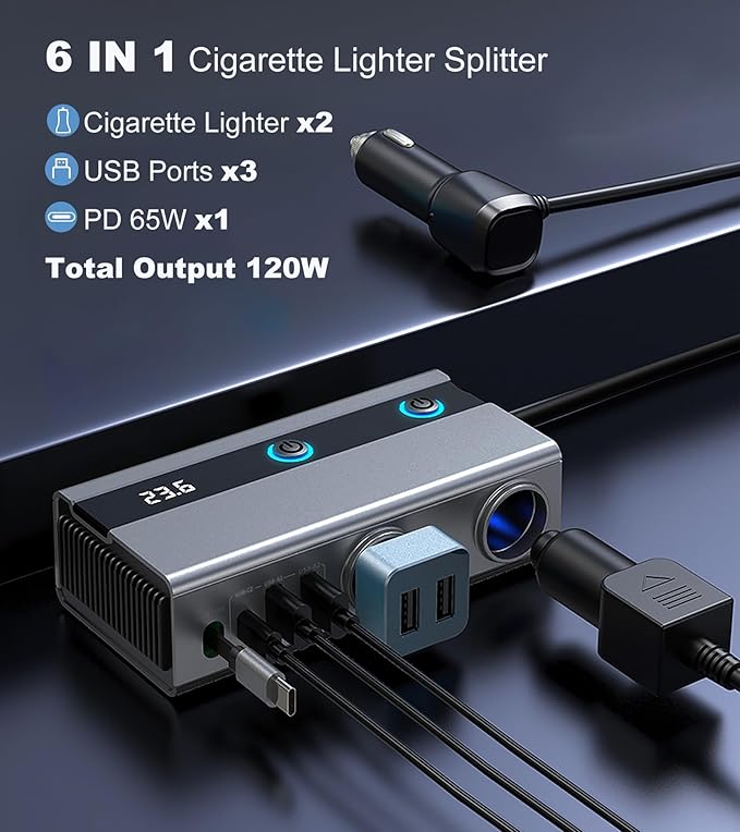 Retractable Cigarette Lighter Splitter, USB Car Charger Adapter with PD 65W, 2 Sockets with Independent Switches, TSNAM 12V/24V Car Splitter with LED Display