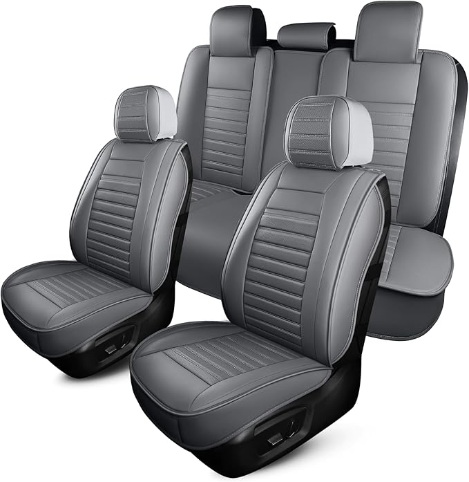 Leather Car Seat Covers, Waterproof Horizontal Stripes Front and Rear Car Seat Cover, Breathable Automotive Seat Covers for Sedan SUV Pick-up Truck (5 PCS Full Set, Grey)