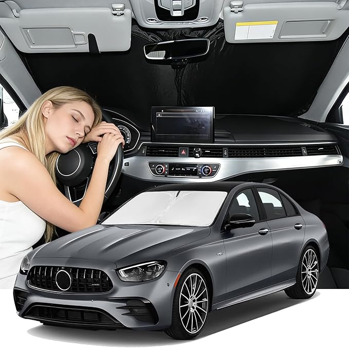 Windshield Sunshade for Mercedes E-Class Sedan 2017-2023 Sun Shade Car Windshield Accessories Upgrade 4 Layers Blocks UV Rays Custom Fit E-Class 240T Car Window Shades Windshield Keep Cool