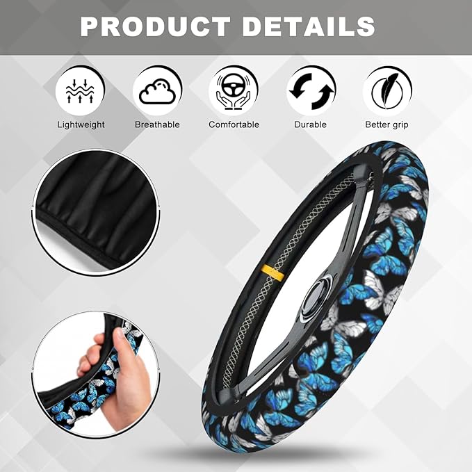 Blue Black Butterfly Steering Wheel Cover, Cute Butterflies Anti-Slip Breathable Car Accessories Interior Elastic Steering Wheel Cover for Men Women Fit Auto, SUV Vans Truck Universal 14.5-15 Inch