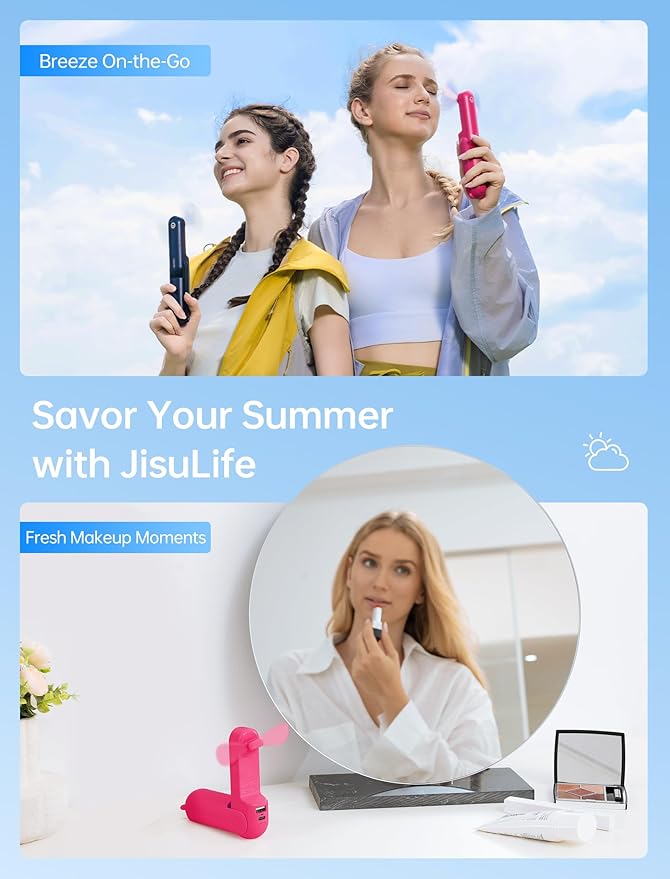 JISULIFE 3 IN 1 Handheld Mini Fan - Portable Fan & Power Bank & Flashlight, 19H Max Cooling, USB Rechargeable, Pocket-Sized for Travel, Cruise, Concerts, Makeup, 2026 Summer Gifts for Women(Fuchsia)